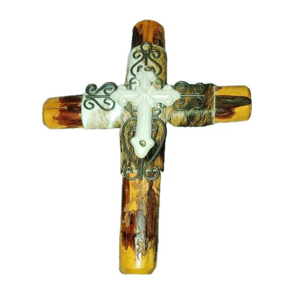 Rustic Western Wall Cross 9"x12" – Cedar Cowhide & Iron Scroll Accents – Layered - Picture 1 of 5